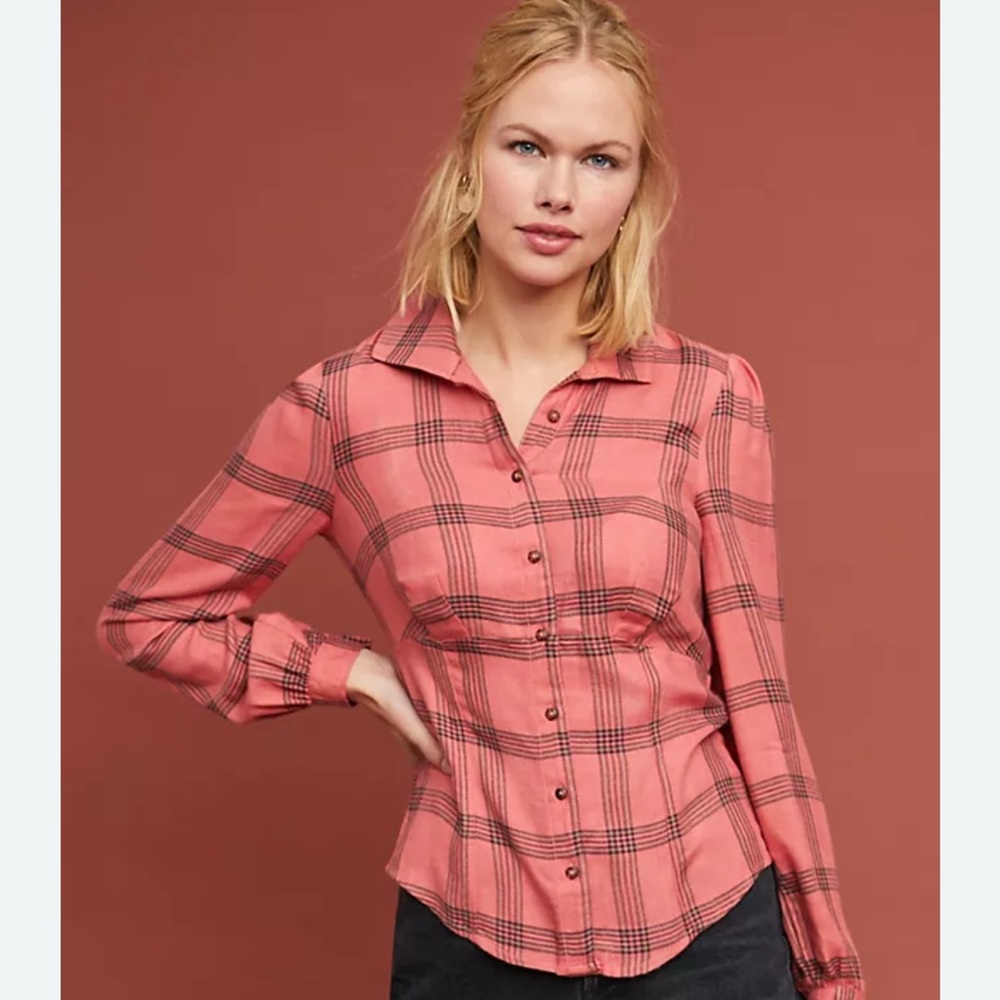 Maeve Anthropologie Coral Plaid Flannel Button-Down Shirt